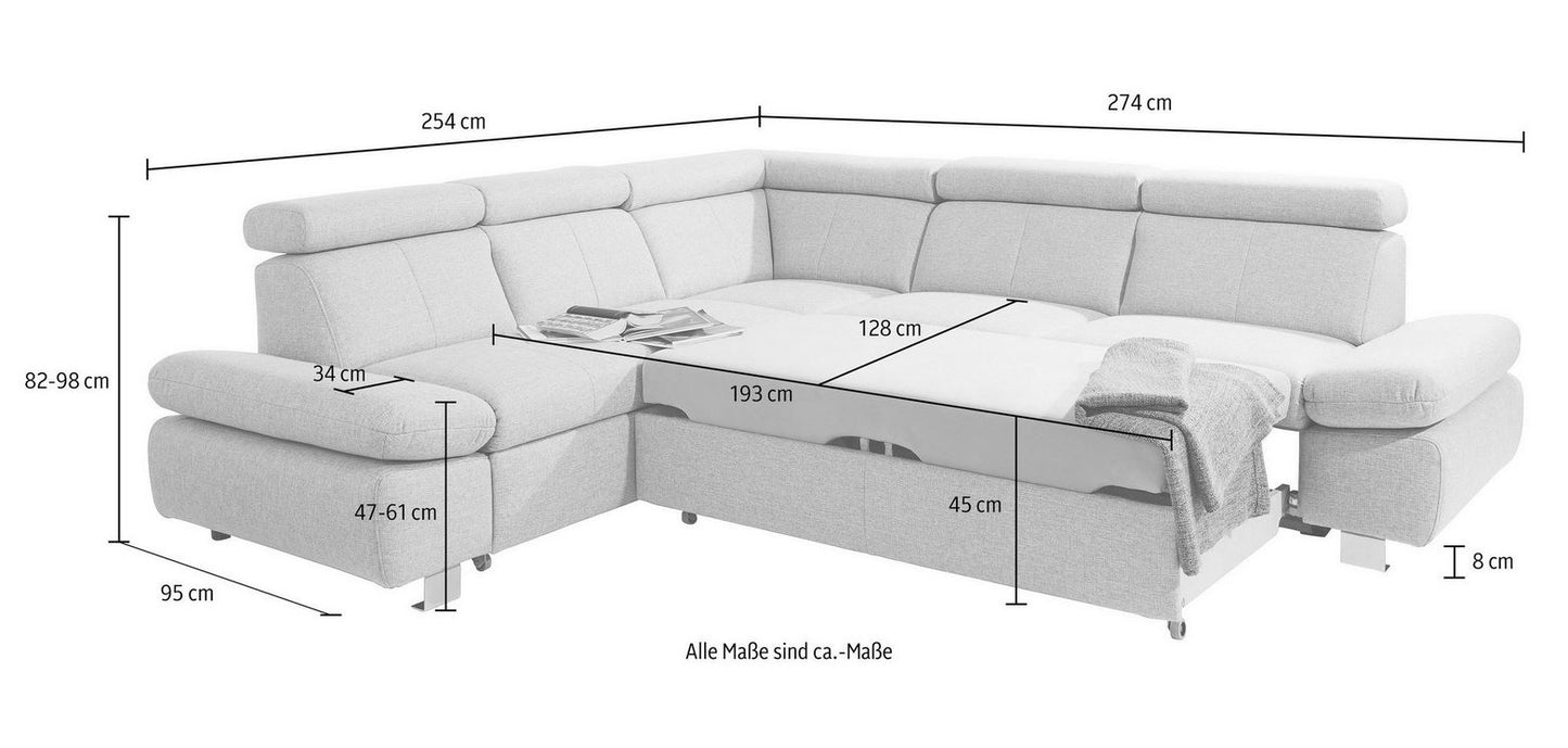 Ecksofa mit Schlaffunktion und Bettkasten sofort lieferbar in Grau Ecksofa Happy.