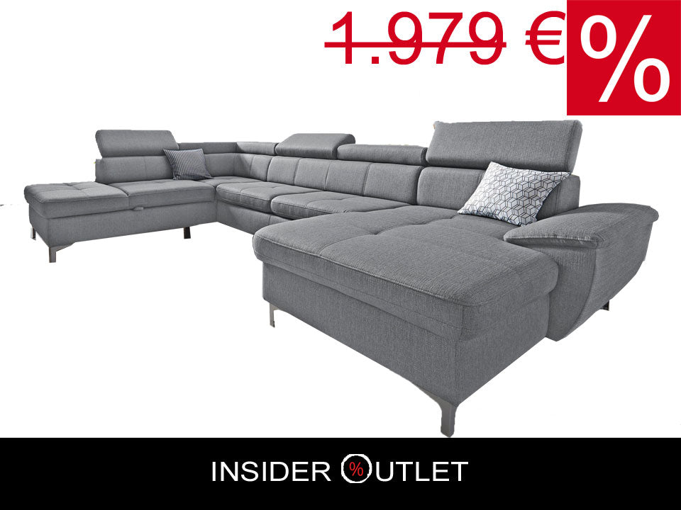 Wohnlandschaft Azzano 340x232 cm U-Form Grau Strukturbezug mit Kopfteilverstellung.