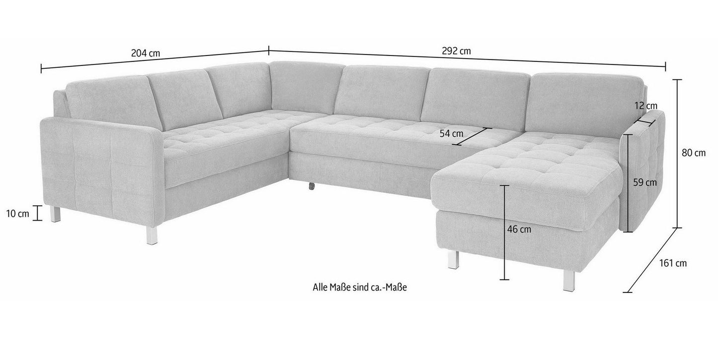 Wohnlandschaft, U-Form Pablo mit Schlaffunktion und Bettkasten in Silber Grau Microfaser.