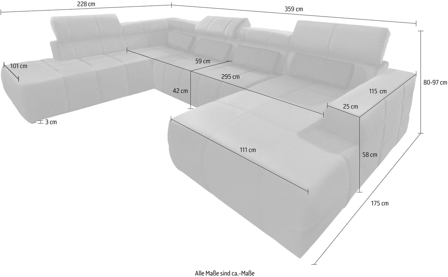 Wohnlandschaft grau hellgrau Brandon mit Kopfteilverstellung, Couch sofort lieferbar.