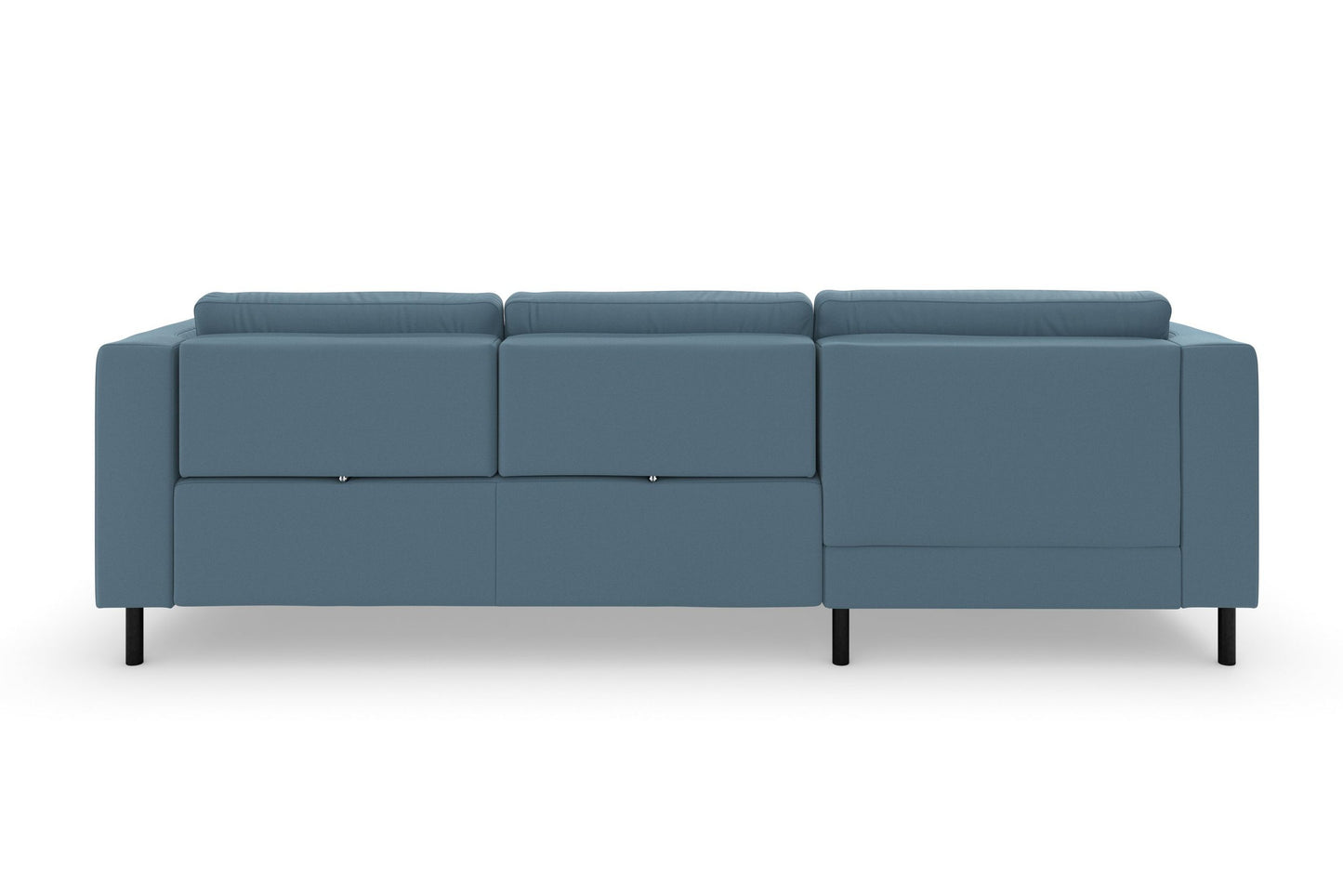 Ecksofa Olsen in Pacific Blau mit Schlaffunktion, Bettkasten, Federkern und Sitztiefenverstellung in pflegeleichtem Flachgewebebezug Rückenansicht.