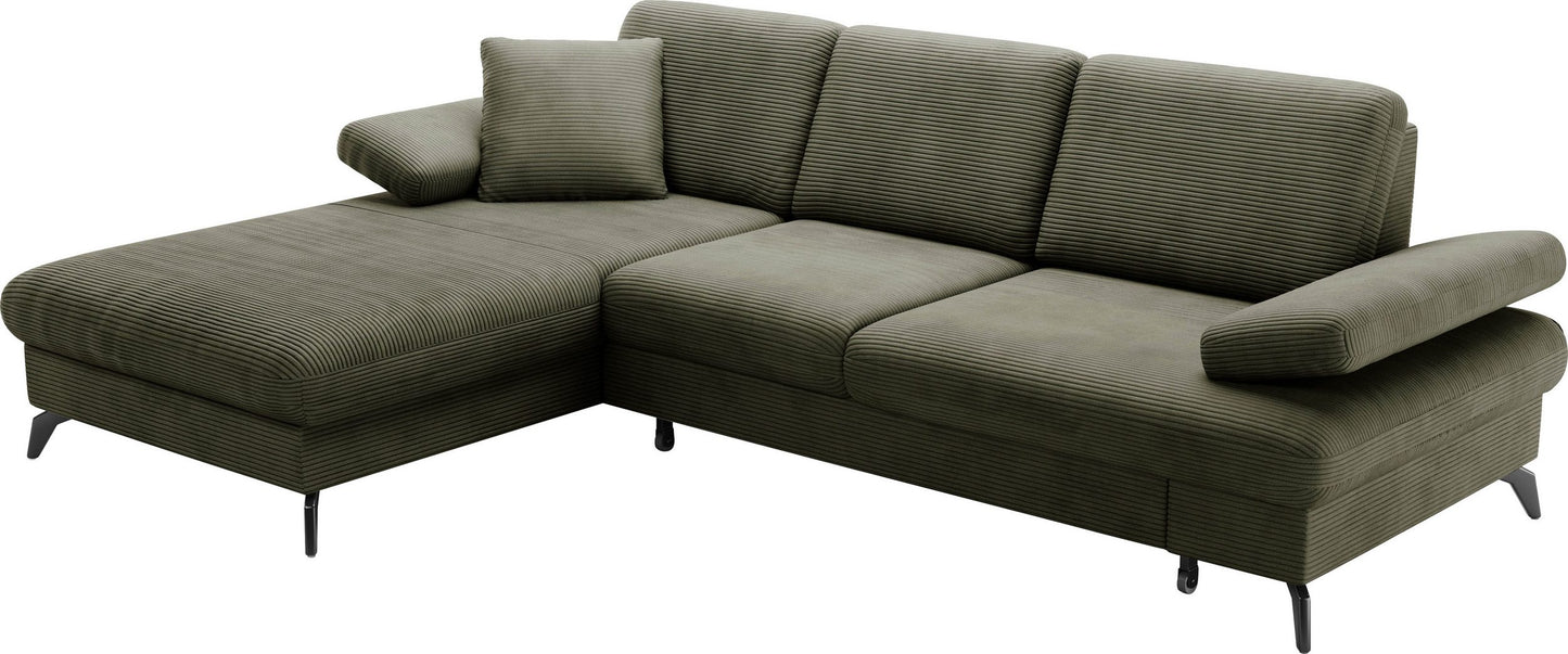 Kleines Cord Ecksofa in Olive Grün mit Hocker und Schlaffunktion im Skandi Design jetzt reduziert im Angebot kaufen.