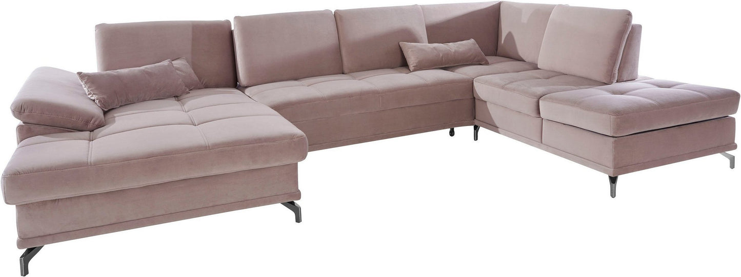 Wohnlandschaft Samt Beige mit Schlaffunktion, Bettkasten, Federkern und Sitztiefenverstellung im Skandi Design mit filgranen Füßen, SofalandschaftCostello.