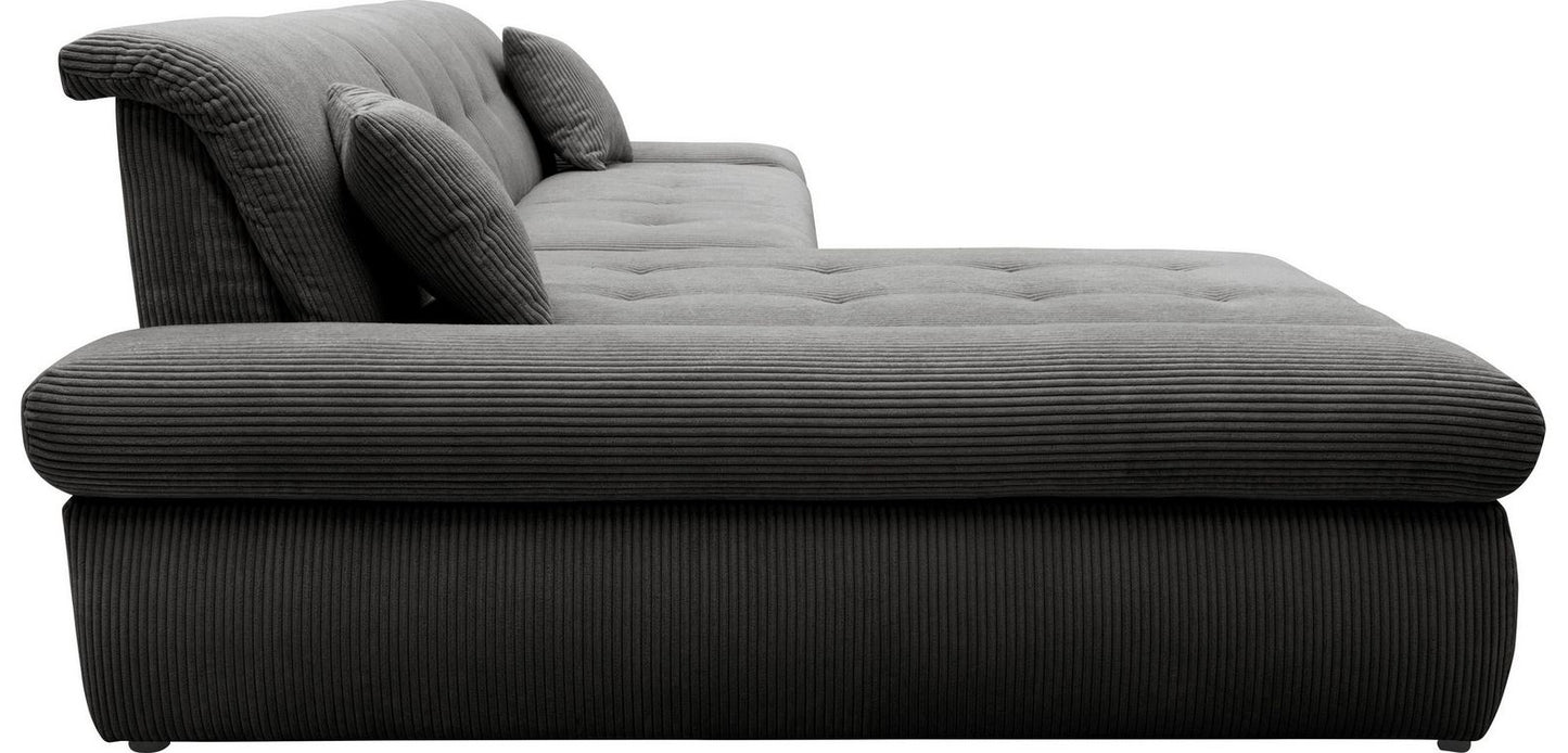 Ecksofa Moric Cord Grau mit Schlaffunktion und Armteilverstellung, Cordsofa, Cordschlafsofa, Couch grau.