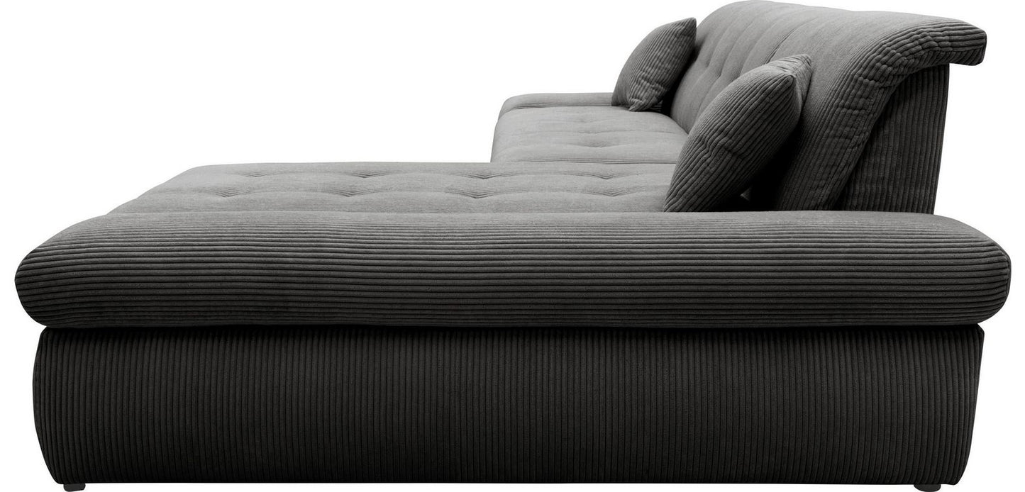 Ecksofa Moric Cord Grau mit Schlaffunktion und Armteilverstellung, Cordsofa, Cordschlafsofa, Couch grau.