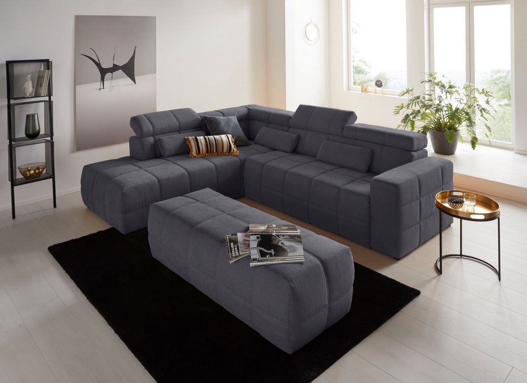 Ecksofa Grau Brandon mit Sitztiefenverstellung in Microfaser, Couch.