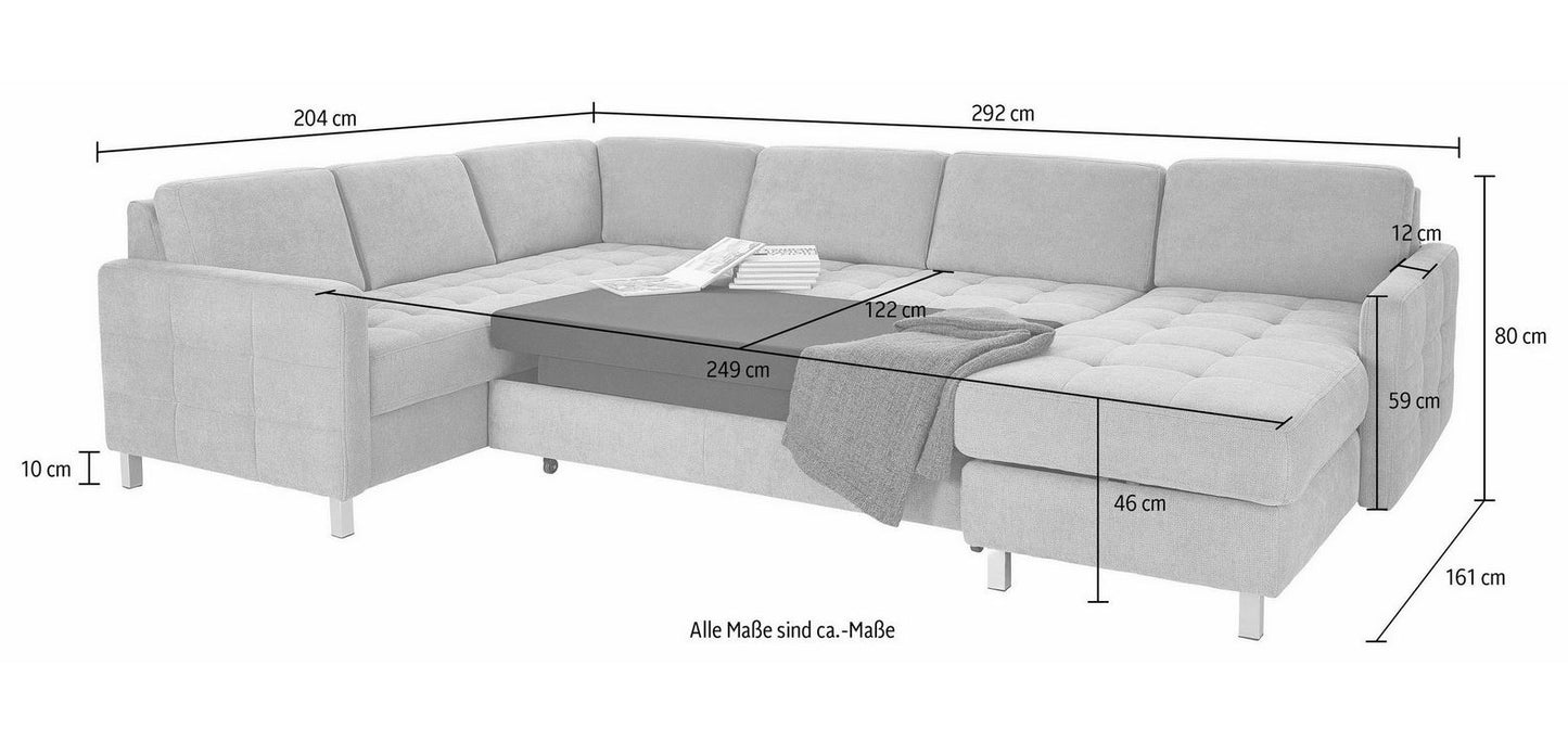 Wohnlandschaft, U-Form Pablo mit Schlaffunktion und Bettkasten in Silber Grau Microfaser.