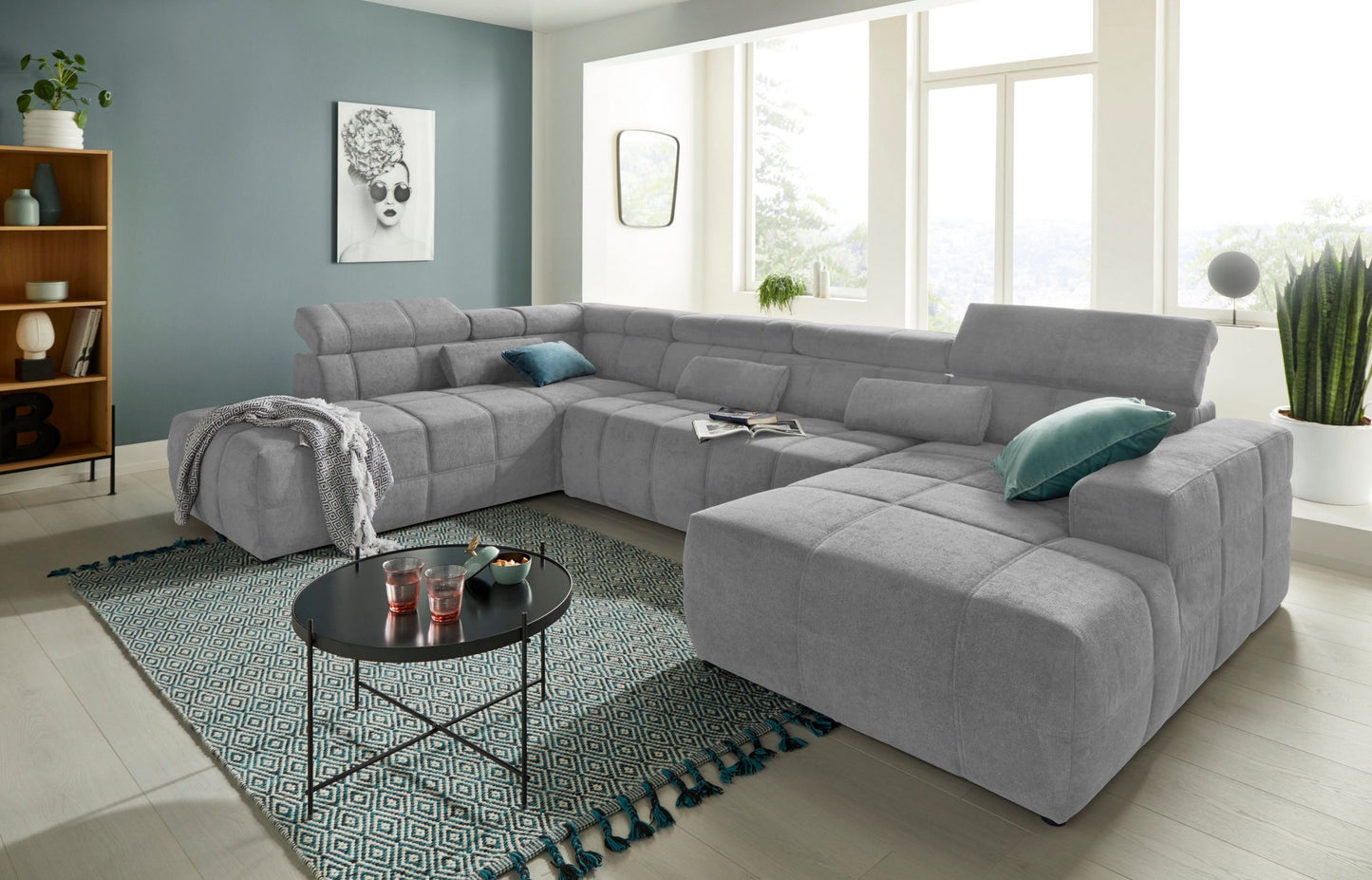Wohnlandschaft grau hellgrau Brandon mit Kopfteilverstellung, Couch sofort lieferbar.