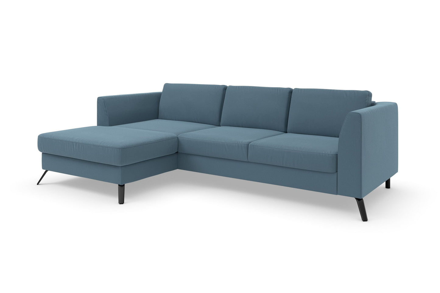 Ecksofa Olsen in Blau mit Schlaffunktion, Bettkasten, Federkern und Sitztiefenverstellung in pflegeleichtem Flachgewebebezug im skandinavischen Design.
