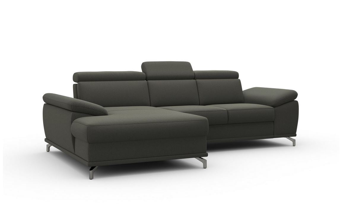 Ecksofa Fango Grau mit Schlaffunktion, Bettkasten, Federkern, Sitztiefenverstellung und Kopfteilverstellung in Luxus-Microfaser im Skandi Design sofort verfügbar.