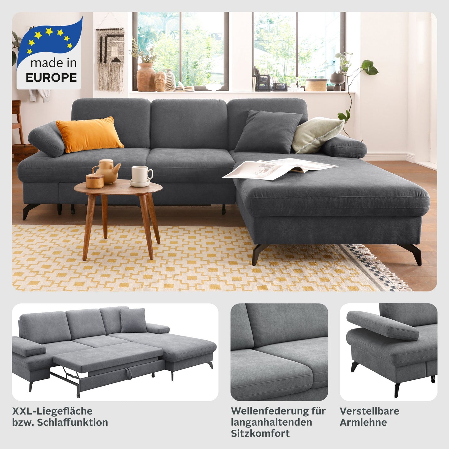 Kleines Cord Ecksofa in Olive Grün mit Hocker und Schlaffunktion im Skandi Design jetzt reduziert im Angebot kaufen.