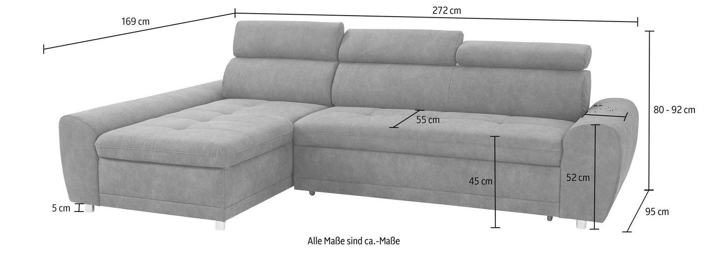 Ecksofa Grau mit Bettfunktion Federkern Riva, jetzt reduziert, online bestellen.