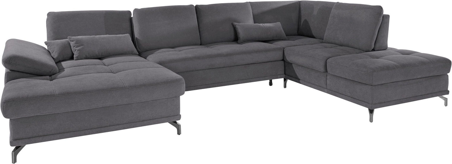 Wohnlandschaft Grau mit Schlaffunktion, Bettkasten, Federkern und Sitztiefenverstellung im pflegeleichtem und weichem Luxus-Microfaser Bezug, Costello.