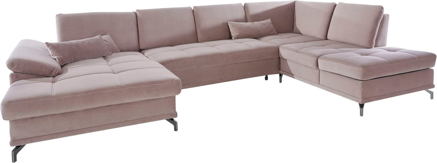 Wohnlandschaft Samt Beige mit Schlaffunktion, Bettkasten, Federkern und Sitztiefenverstellung im Skandi Design mit filgranen Füßen, SofalandschaftCostello.