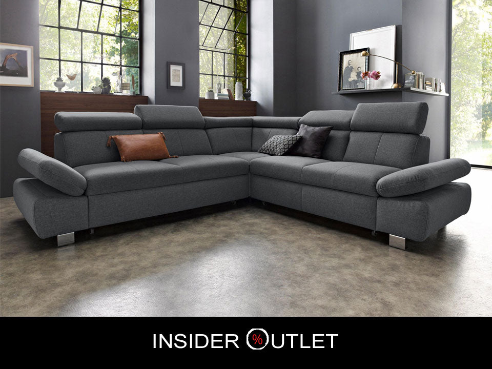 Ecksofa Grau Anthrazit mit Schlaffunktion, Bettkasten, Kopfteil- und Armteilverstellung, Couch Happy.
