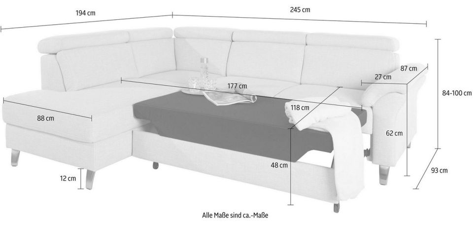 Ecksofa 245x194cm Grau Schlaffunktion Bettkasten Federkern B-Ware