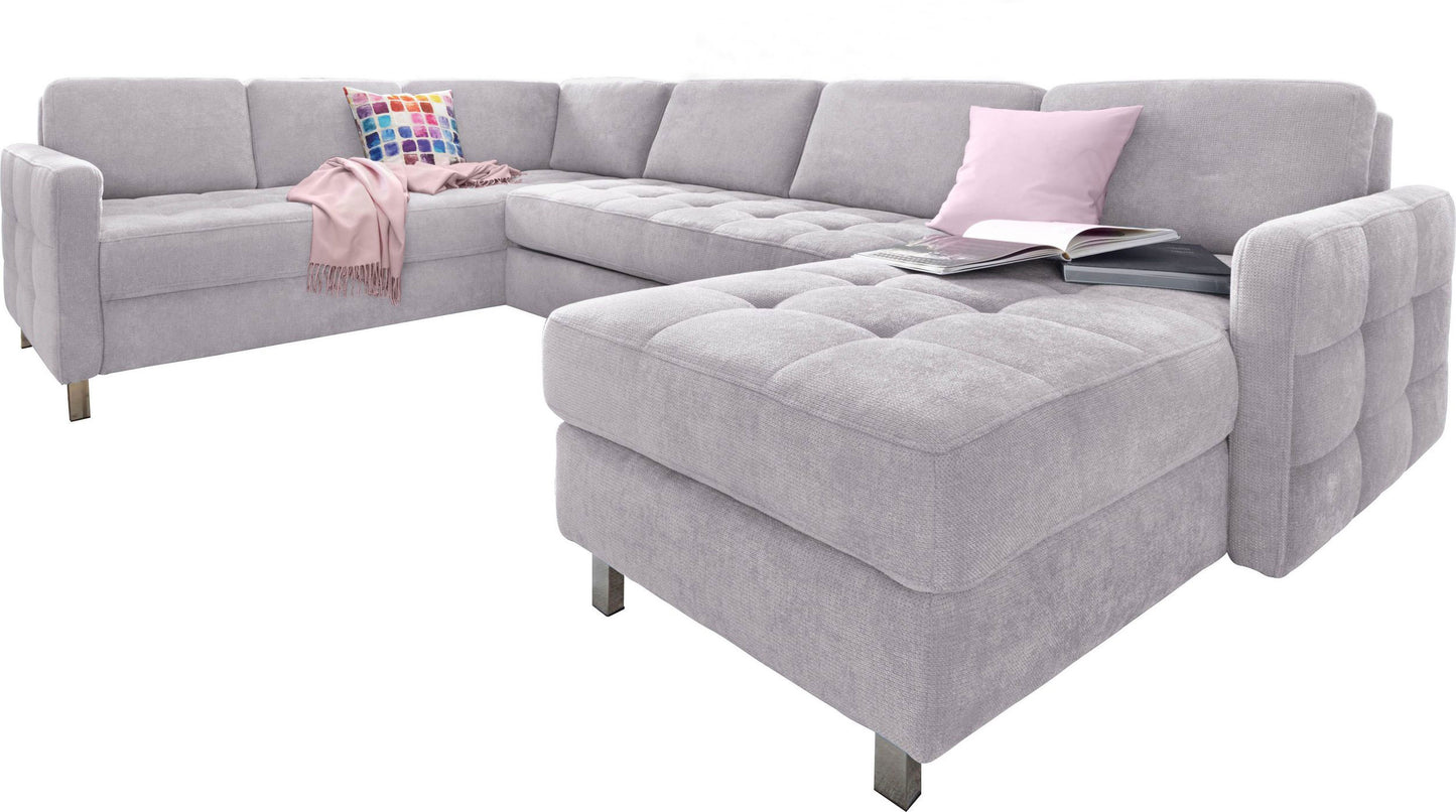 Wohnlandschaft, U-Form Pablo mit Schlaffunktion und Bettkasten in Silber Grau Microfaser.