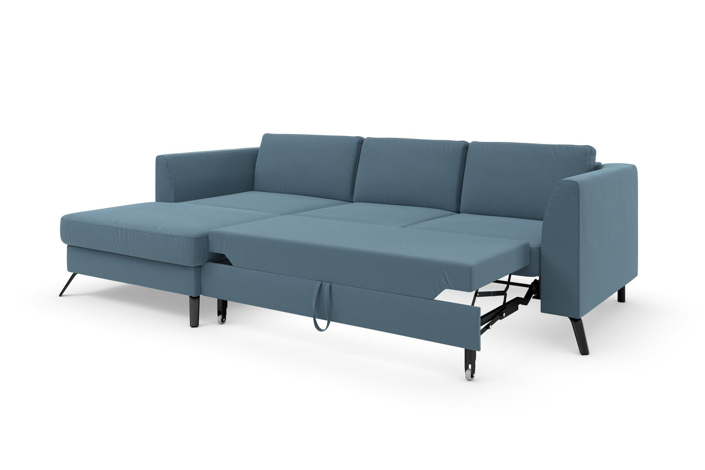 Ecksofa Olsen in Pacific Blau mit Schlaffunktion in Überlänge, Bettkasten, Federkern und Sitztiefenverstellung in pflegeleichtem Flachgewebebezug.