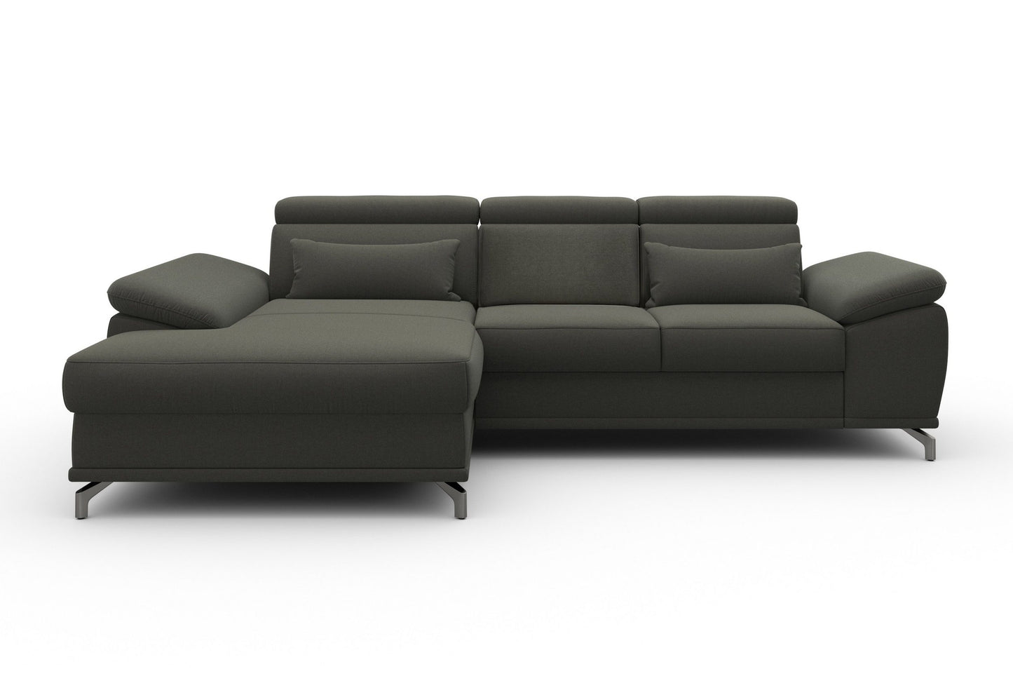 Ecksofa Fango Grau mit Schlaffunktion, Bettkasten, Federkern, Sitztiefenverstellung und Kopfteilverstellung in Luxus-Microfaser im Skandi Design jetzt reduziert im Angebot kaufen.