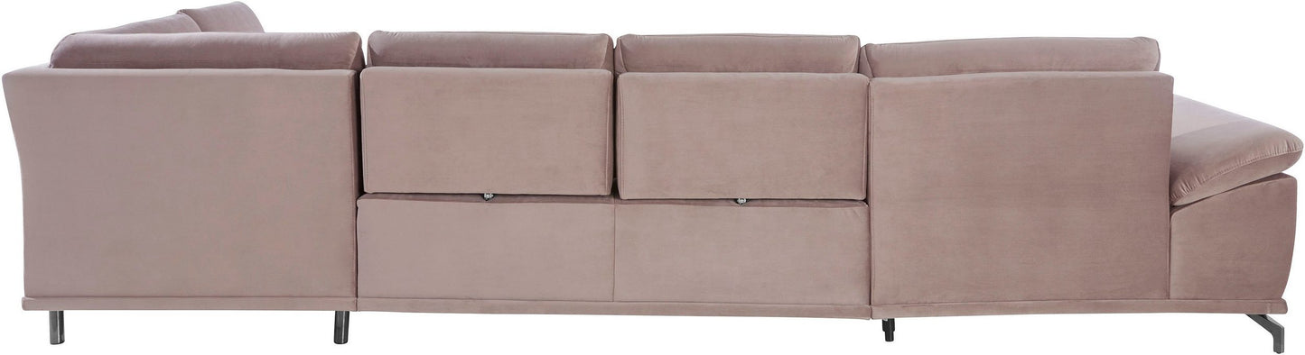 Wohnlandschaft Samt Beige mit Schlaffunktion, Bettkasten, Federkern und Sitztiefenverstellung im Skandi Design mit filgranen Füßen, SofalandschaftCostello.