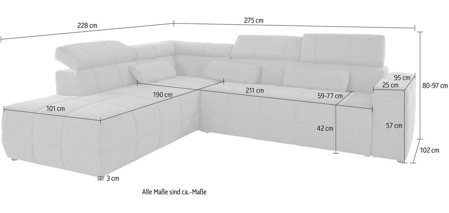 Ecksofa Grau Brandon mit Sitztiefenverstellung in Microfaser, Couch.