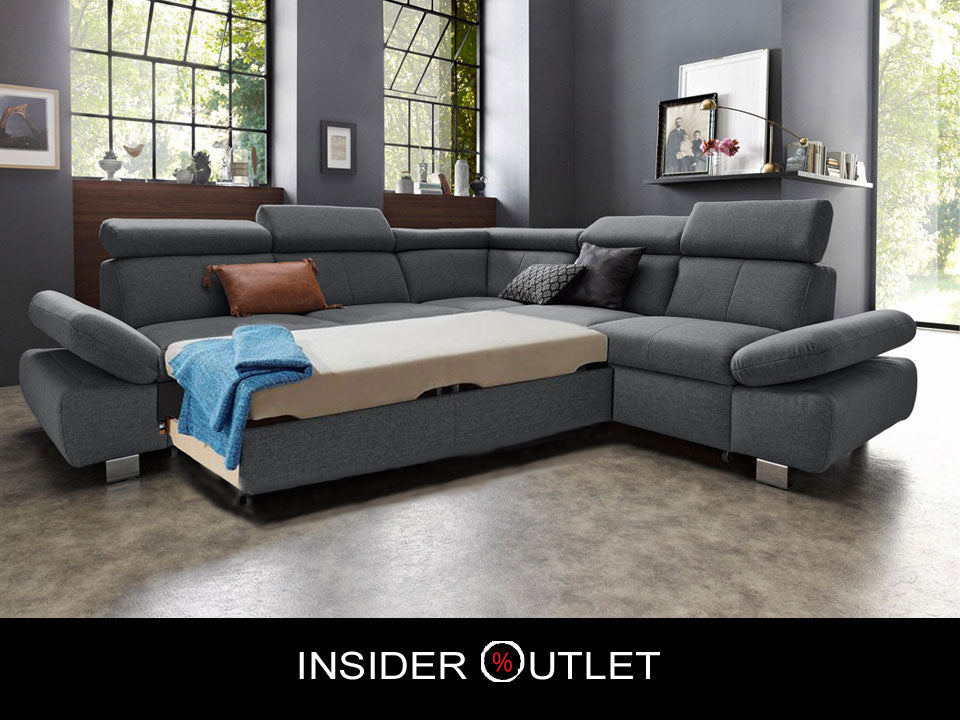Ecksofa Grau Anthrazit mit Schlaffunktion, Bettkasten, Kopfteil- und Armteilverstellung, Couch Happy.