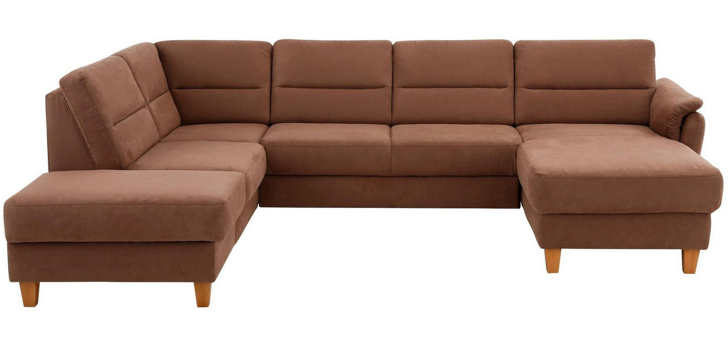 Schicke Wohnlandschaft, Sofa Palmera mit Schlaffunktion und Federkern in pflegeleichtem Microfaser in braun, u-form ist jetzt sofort verfügbar.