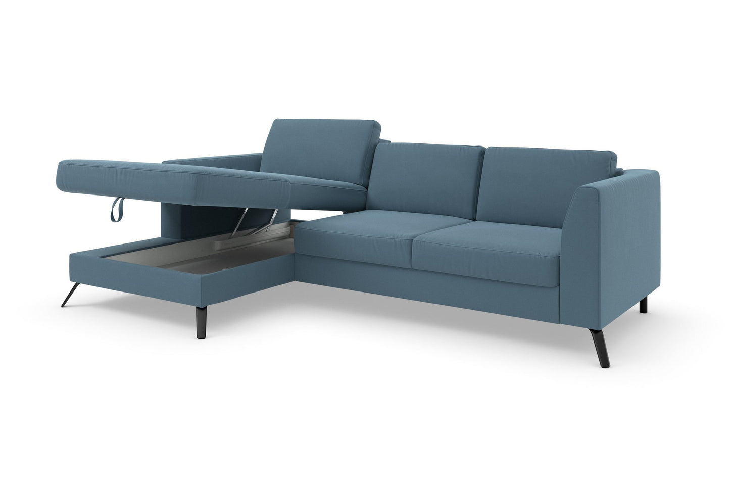 Ecksofa Olsen in Pacific Blau mit Schlaffunktion, großen Bettkasten, Federkern und Sitztiefenverstellung in pflegeleichtem Flachgewebebezug.