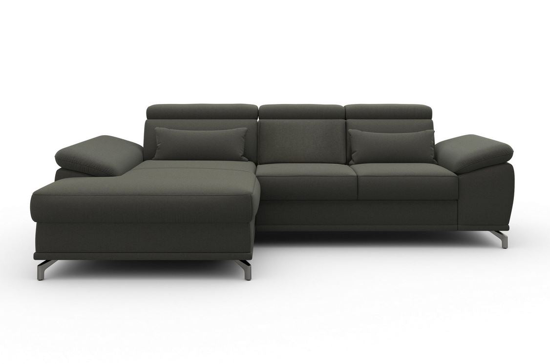 Ecksofa Fango Grau mit Schlaffunktion, Bettkasten, Federkern, Sitztiefenverstellung und Kopfteilverstellung in Luxus-Microfaser im Skandi Design.