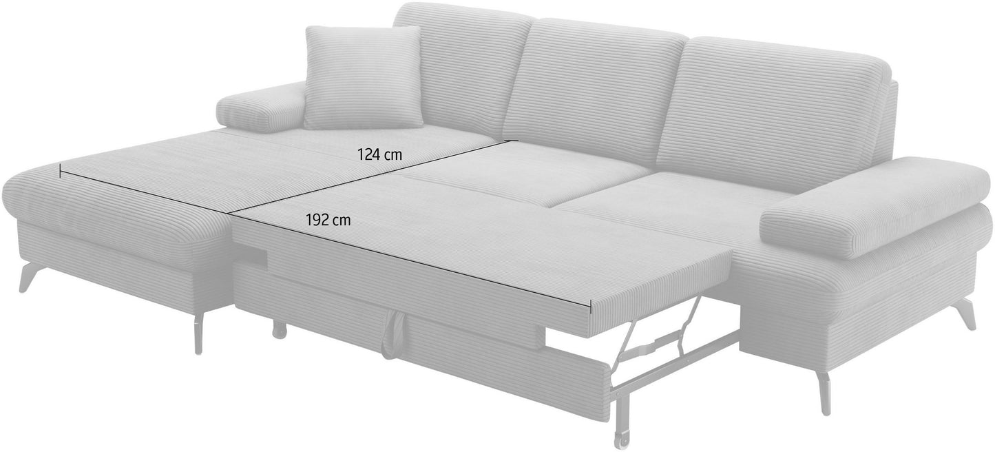 Kleines Cord Ecksofa in Olive Grün mit Hocker und Schlaffunktion im Skandi Design jetzt reduziert im Angebot kaufen.