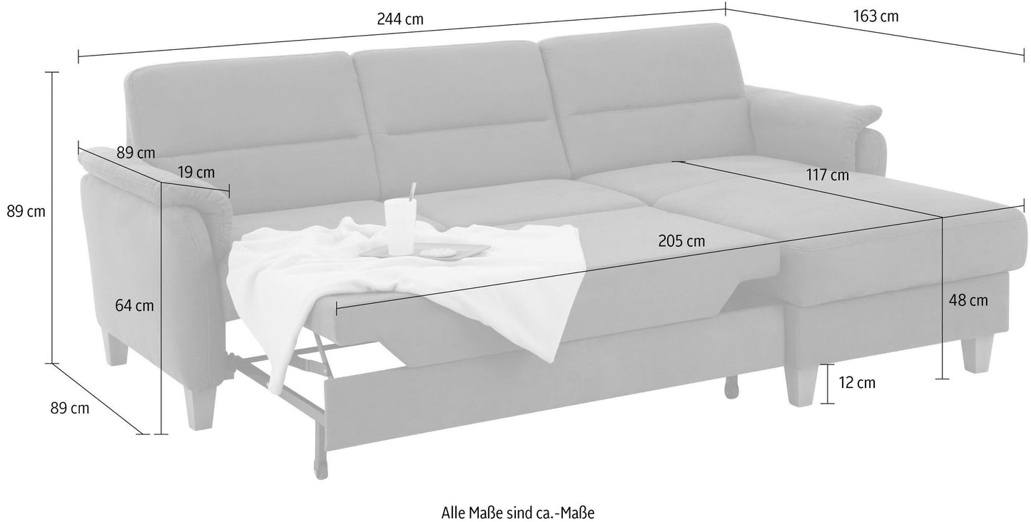 Kleines Ecksofa Grau Blau mit Schlaffunktion, Bettkasten und Federkern Couch Palmera jetzt reduziert im Angebot kaufen.