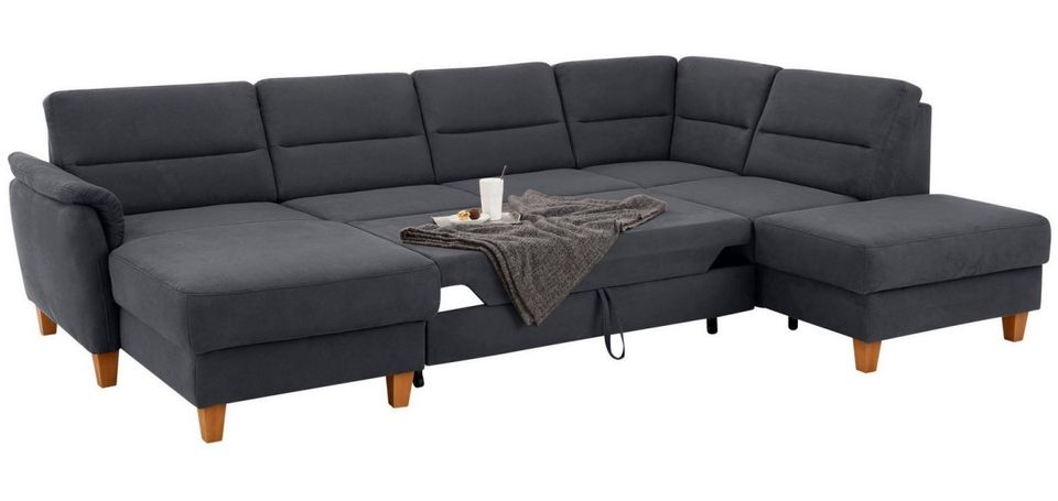 Wohnlandschaft Grau mit Schlaffunktion und Federkern im Luxus-Microfaser Bezug, U-Form Palmera jetzt reduziert im Angebot bestellen.