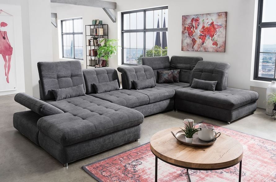 XXL Wohnlandschaft Schlaffunktion 2 Bettkasten Grau Webstoff B-Ware