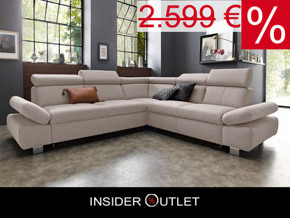 Ecksofa Happy in hellbeige, beige mit Schlaffunktion und Bettkasten für Katzenhaushalt geeignet.