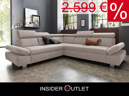 Ecksofa Creme Beige mit Schlaffunktion, Bettkasten, Armteilverstellung und Kopfteilverstellung, Couch online kaufen.