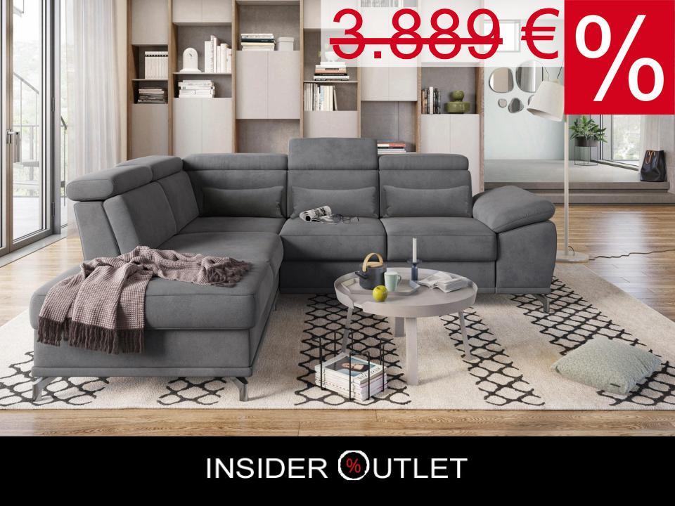 Ecksofa Grau mit Schlaffunktion, Bettkasten, Federkern, Sitztiefen- und Kopfteilverstellung im Luxus-Microfaser Bezug, Couch Cabrio jetzt reduziert im Angebot online bestellen.