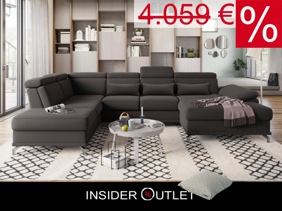 Wohnlandschaft Grau mit Federkern, Sitztiefen- und Kopfteilverstellung im Luxus-Microfaserbezug, U-Form Cabrio jetzt reduziert im Angebot bestellen.