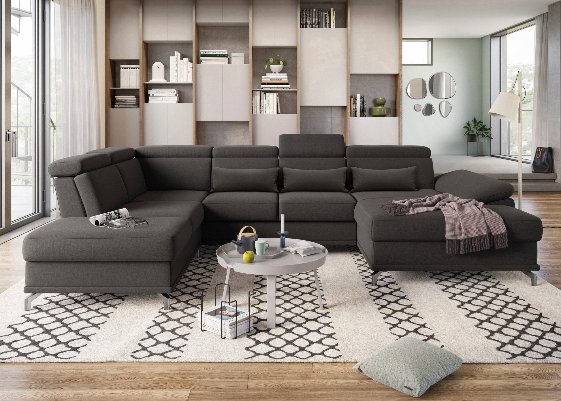 Wohnlandschaft Grau mit Federkern, Sitztiefen- und Kopfteilverstellung im Luxus-Microfaserbezug, U-Form Cabrio jetzt reduziert im Angebot bestellen.