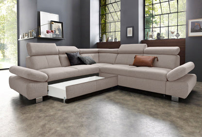 Ecksofa Creme Beige mit Schlaffunktion, Bettkasten, Armteilverstellung und Kopfteilverstellung, Couch online kaufen.