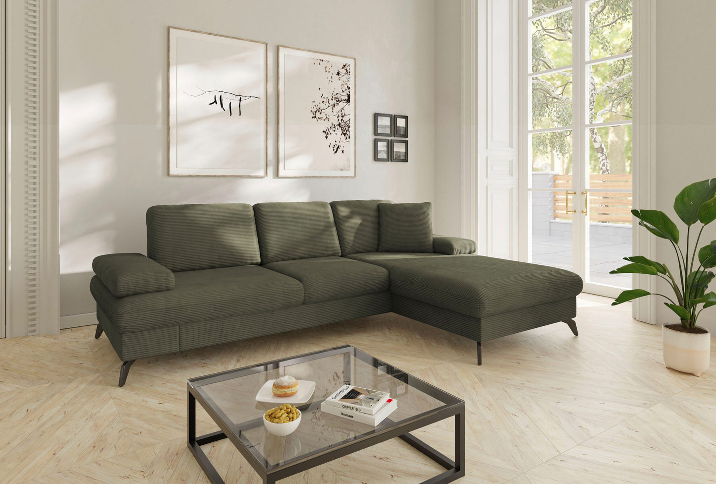 Ecksofa 247x171cm Cord Olive Grün Schlaffunktion PUR-Schaum Skandi Design B-Ware OTR
