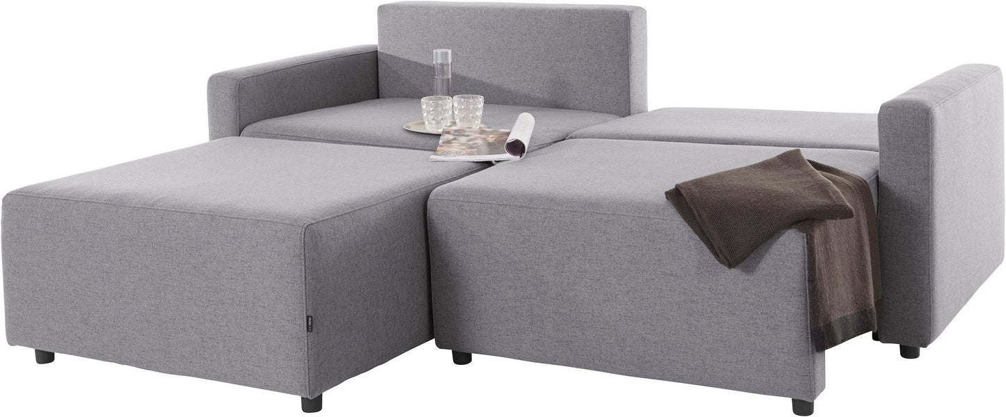 Ecksofa in Grau mit Schlaffunktion, Bettkasten, Hocker, Marva