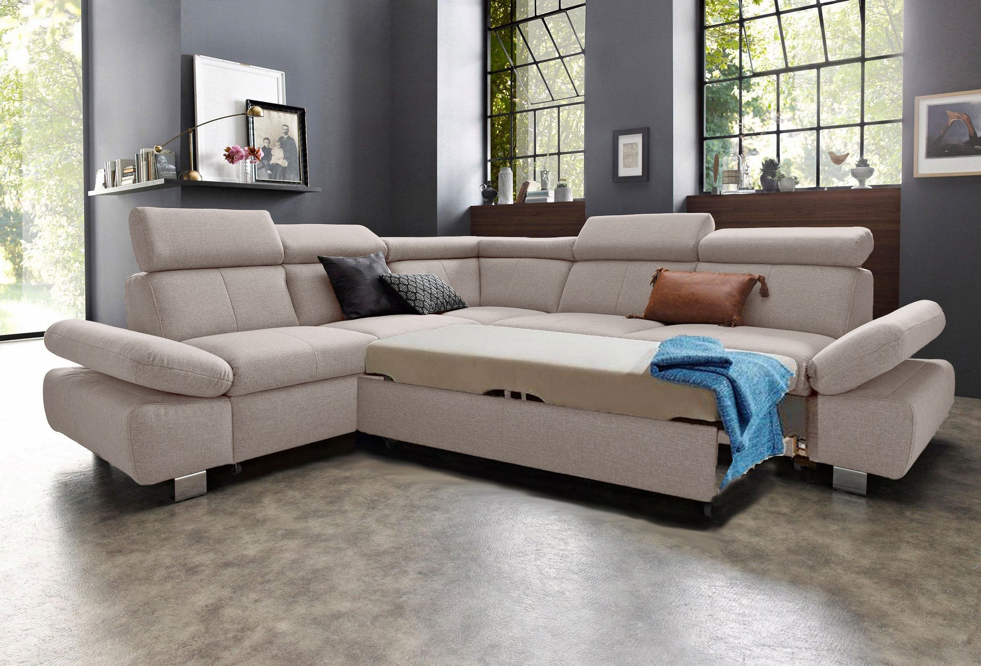 Ecksofa Creme Beige mit Schlaffunktion, Bettkasten, Armteilverstellung und Kopfteilverstellung, Couch online kaufen.