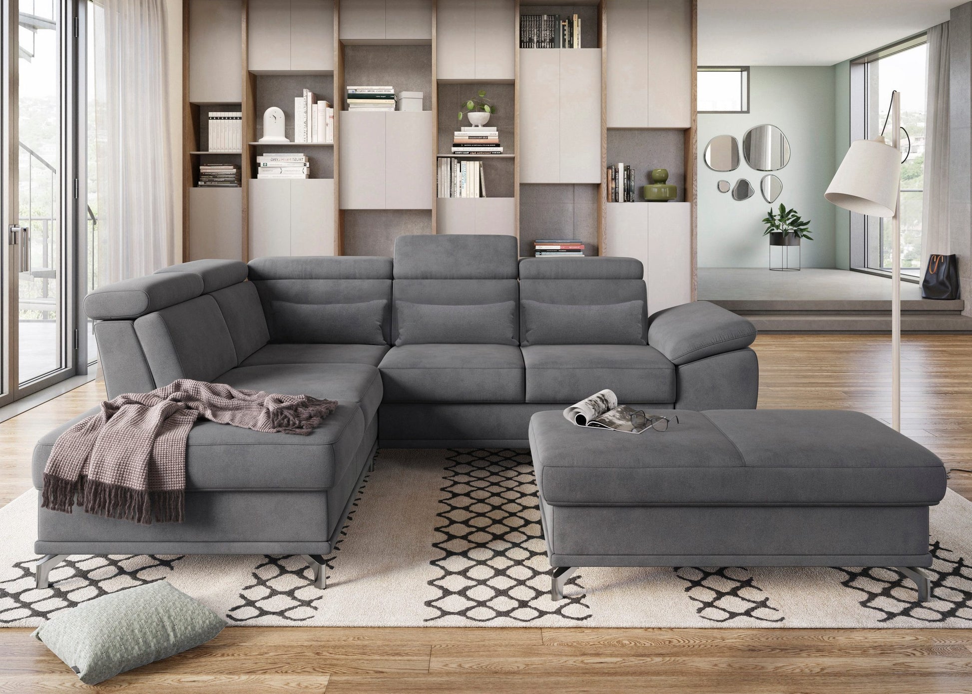 Ecksofa Grau mit Schlaffunktion, Bettkasten, Federkern, Sitztiefen- und Kopfteilverstellung im Luxus-Microfaser Bezug, Couch Cabrio jetzt online bestellen.