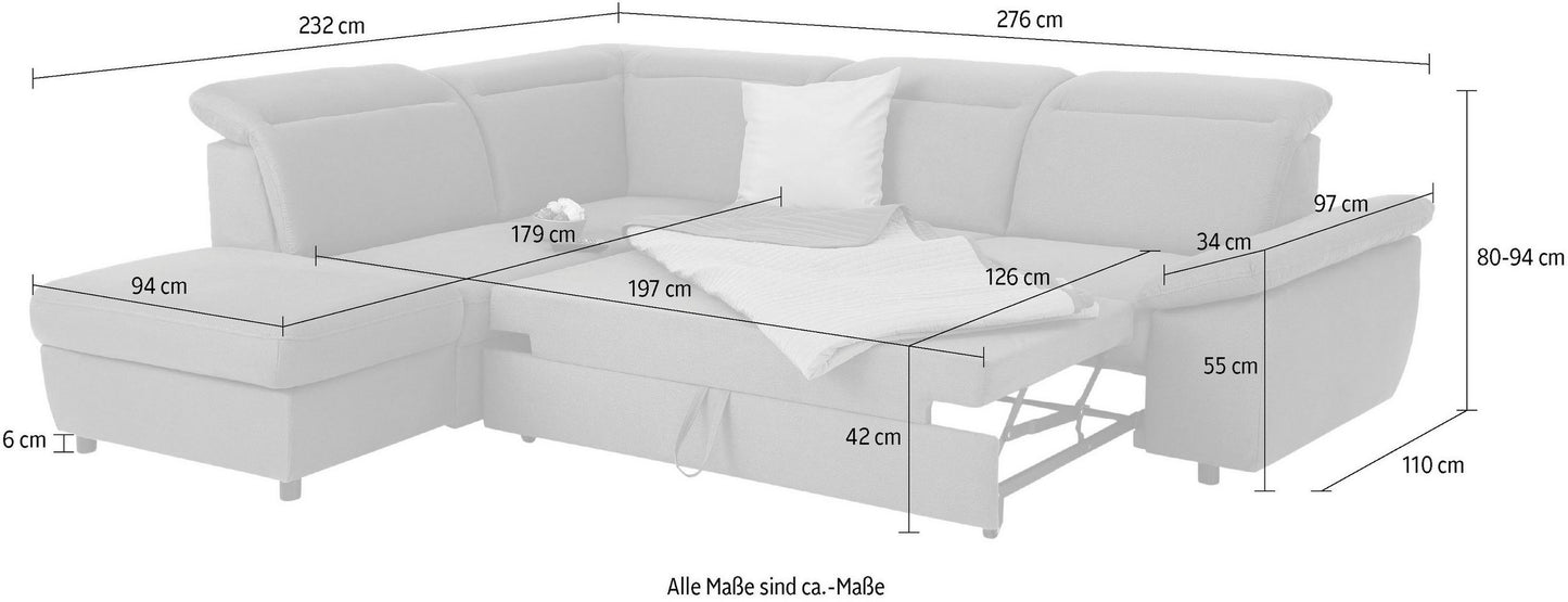 Ecksofa in Beige mit Schlaffunktion, Bettkastenun Hocker Mauritius