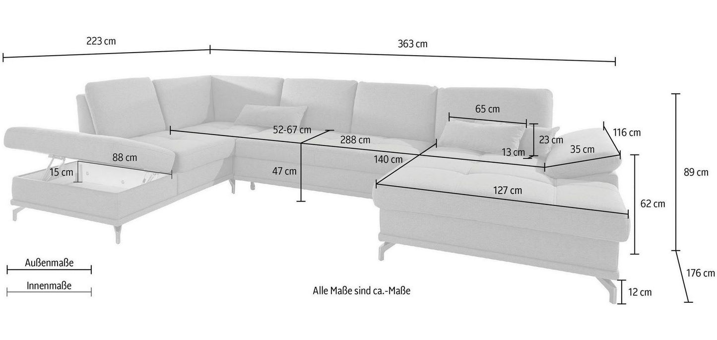 Wohnlandschaft Samt grau mit Schlaffunktion, Bettkasten, Federkern und Sitztiefenverstellung, Costello reduziert.