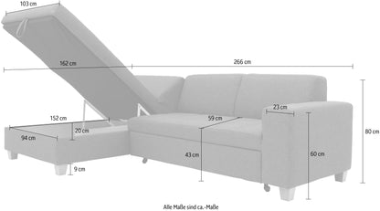 Kleines Ecksofa anthrazit grau mit Schlaffunktion in Überlänge, Bettkasten aus der Serie Teri "Corby" jetzt reduziert Online kaufen.