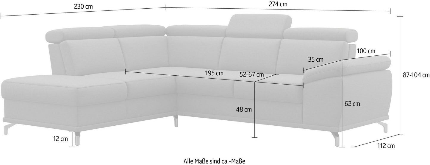 Ecksofa Grau mit Schlaffunktion, Bettkasten, Federkern, Sitztiefen- und Kopfteilverstellung im Luxus-Microfaser Bezug, Couch Cabrio jetzt online bestellen.