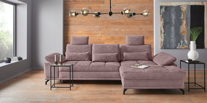 Ecksofa in Rosa Flieder mit Schlaffunktion, Bettkasten und Federkern, Sofa Costello Couch, rose.