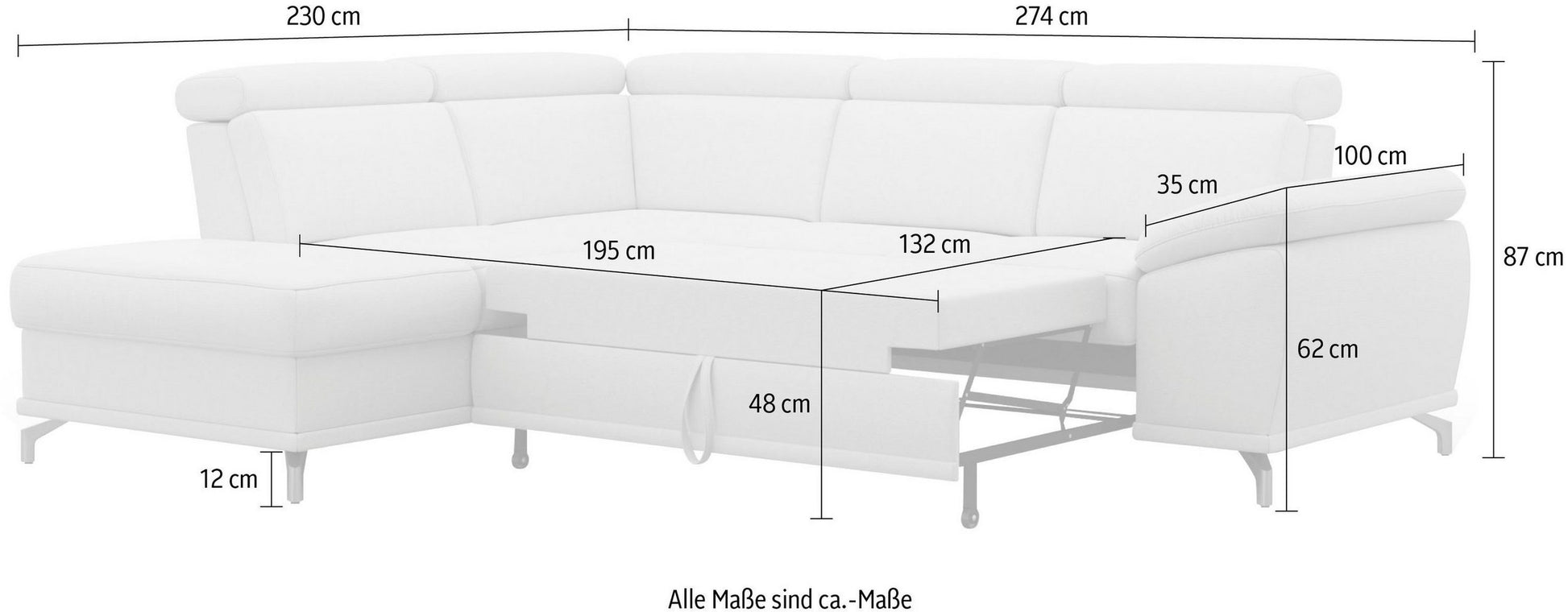 Ecksofa Grau mit Schlaffunktion, Bettkasten, Federkern, Sitztiefen- und Kopfteilverstellung im Luxus-Microfaser Bezug, Couch Cabrio jetzt online bestellen.