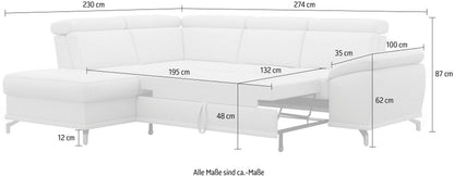 Ecksofa Grau mit Schlaffunktion, Bettkasten, Federkern, Sitztiefen- und Kopfteilverstellung im Luxus-Microfaser Bezug, Couch Cabrio jetzt online bestellen.